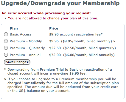 “An error occured while processing your request: You are not allowed to change your plan at this time.”